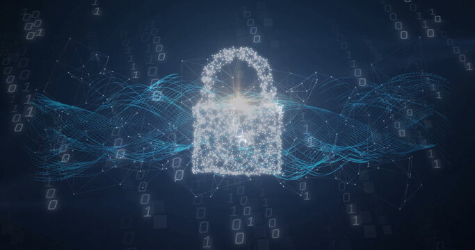 Floating digital padlock glowing in cyberspace, with binary digits mesh lines and data squares