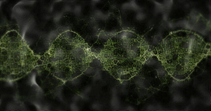 Twisting neon-green fractal lattice undulating across digital space, with white dot matrix grid