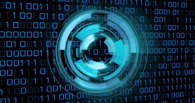 Displaying holographic HUD showing glowing binary code streams on simulated computer grid interface - Powered by Adobe