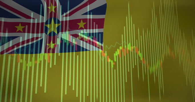 Naklejki Displaying Niue flag overlaying stock market bar graph on digital backdrop, with candlestick chart
