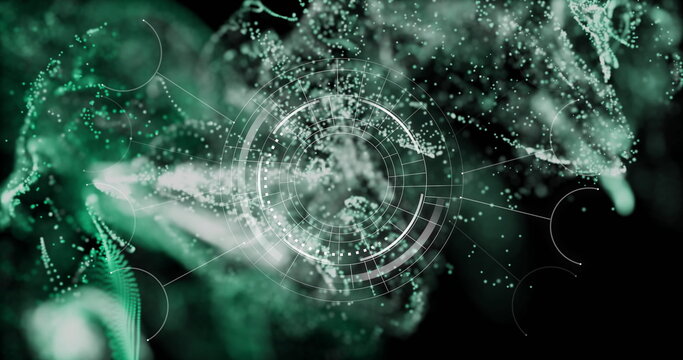 Displaying translucent circular HUD interface in virtual space, with green particles and rings