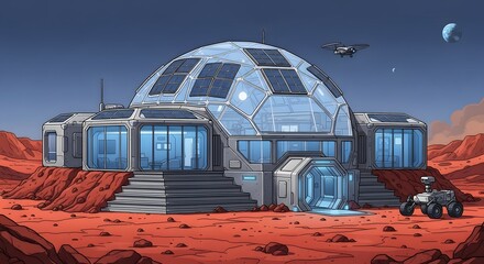 Futuristic Martian biodome research base with solar panels and rover, showcasing off-world exploration and scientific advancement in a desolate red planet landscape under a clear sky.