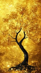 Obraz premium A golden tree with a black trunk, full of golden leaves, a symmetrical composition, in an abstract art style