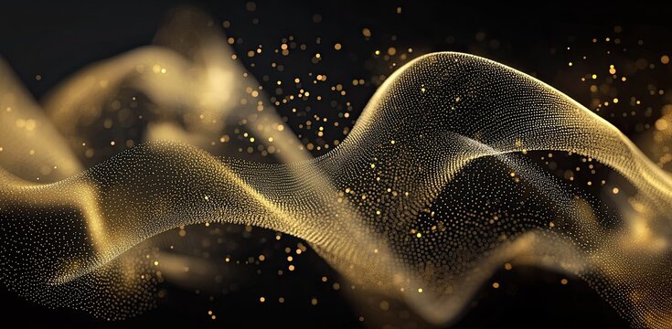 A golden wave of light, composed entirely from tiny dots and lines, against a black background