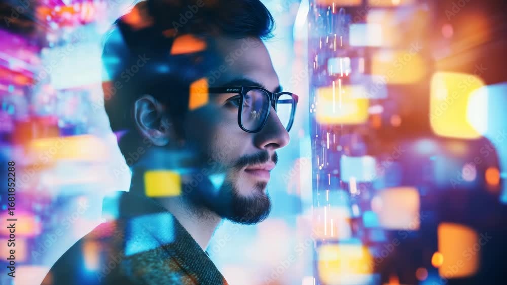 Poster side profile of a man with glasses in a futuristic setting, surrounded by colorful digital lights. t