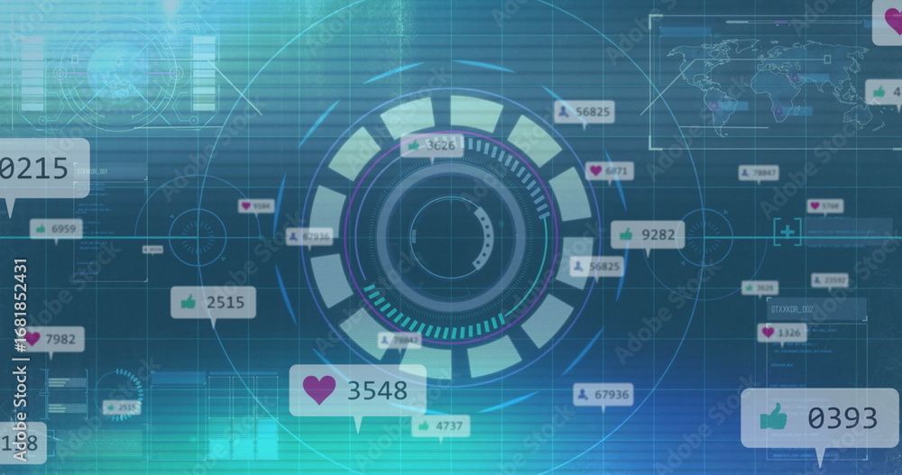 Poster displaying hud showing pop-up metric bubbles on digital dashboard interface with world map overlay