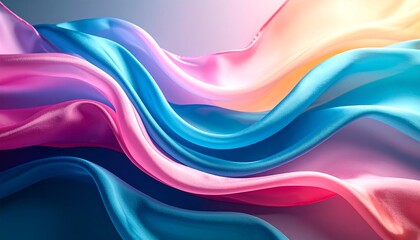 Vibrant flowing silk fabric with a gradient of pink blue and orange colors creating a luxurious and elegant abstract background.