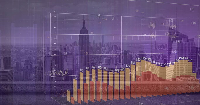 Displaying semi-transparent data overlay with grid axes, 3D bar and line charts on rooftop terrace - Powered by Adobe