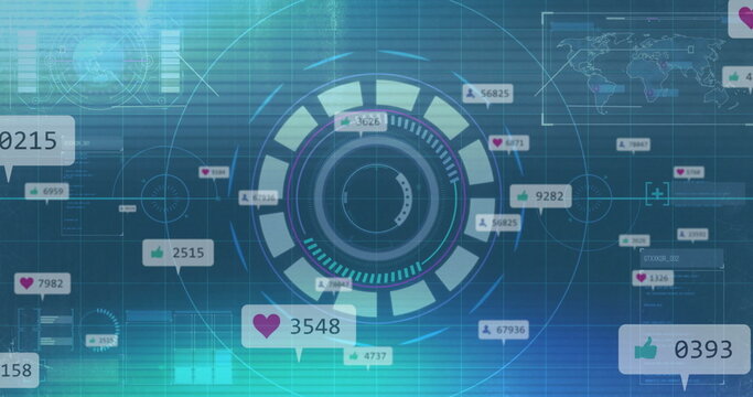 Displaying HUD showing pop-up metric bubbles on digital dashboard interface with world map overlay