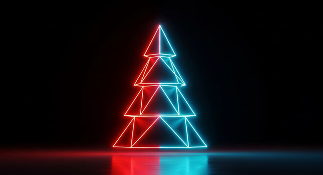 Red and blue neon christmas tree shining on dark background