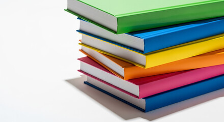 Stack of colorful books forming a rainbow on white background