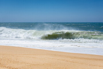 Atlantic Ocean waves seen from North Beach famous for giant waves in Nazare town on so called Silver Coast, Oeste region of Portugal