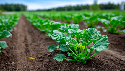 Fresh vegetables growing in a lush field. Rows of vibrant green plants thrive in rich soil under an overcast sky in a rural farm setting.