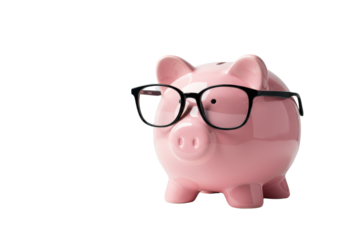 A classic round pink ceramic piggy bank, smooth and glossy, wearing oversized black-framed eyeglasses in a clean studio setting with copy space, intelligent financial planning concept