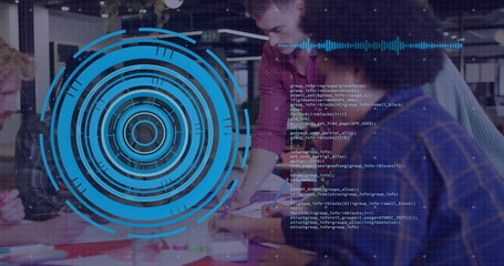 Pointing office professionals analyzing documents, markers at conference table, showing HUD overlay