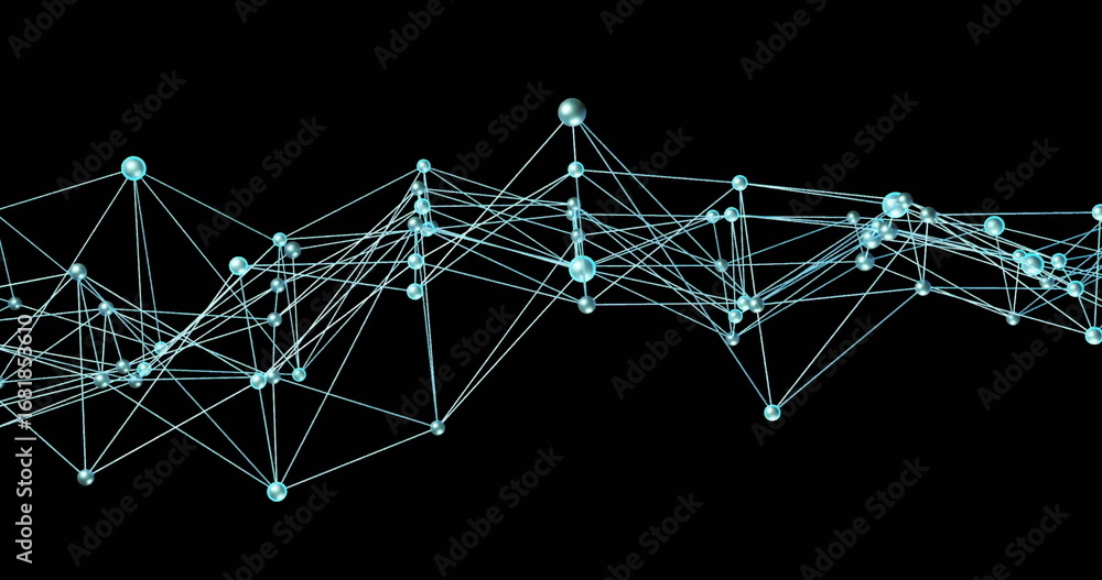 Poster displaying glowing spheres network forming web-like structure in digital space, with thin lines
