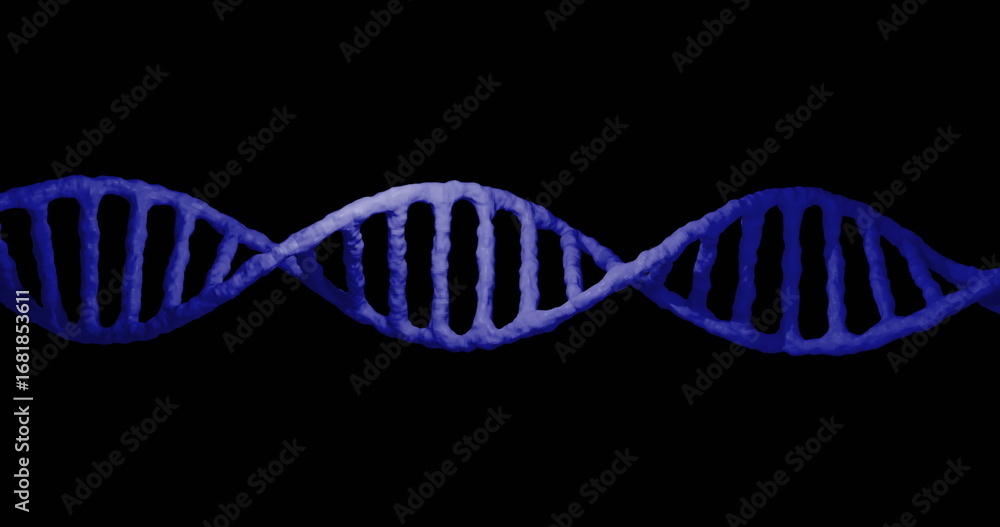 Aufkleber displaying 3d dna double helix model twisting horizontally on solid black backdrop, gradient blue