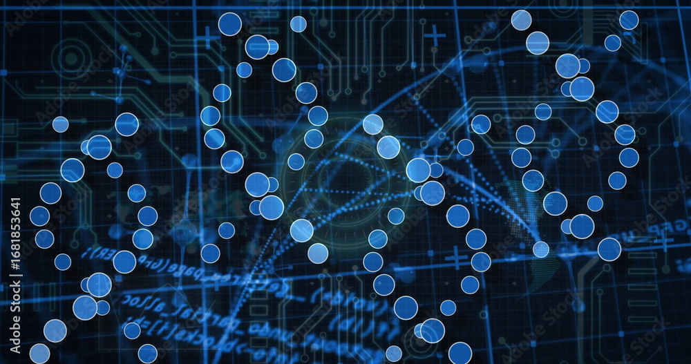 Poster displaying helical translucent blue circle strands overlaying circuit board, with code overlays