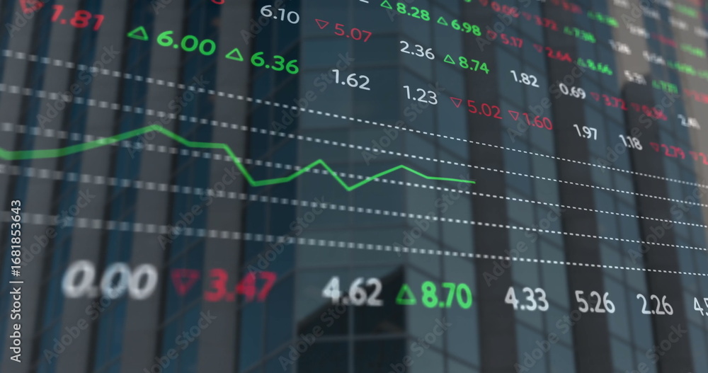 Poster displaying chart tracking stock changes over glass facade, with green trend line and numeric data