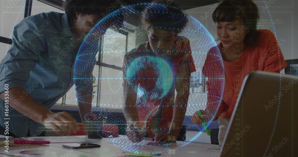 Poster brainstorming team in business attire arranging sticky notes at office table with hologram globe
