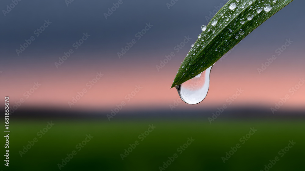 Poster raindrop hanging from a green leaf. a close-up view of a green leaf featuring a single raindrop pois