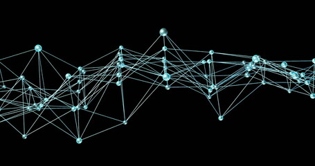 Displaying glowing spheres network forming web-like structure in digital space, with thin lines