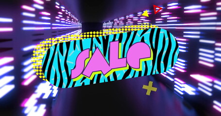 Floating zebra-patterned sale sign hovering in neon tunnel, with neon lights, geometric shapes