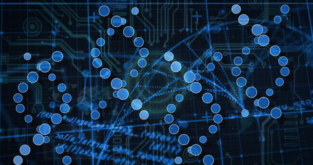 Displaying helical translucent blue circle strands overlaying circuit board, with code overlays