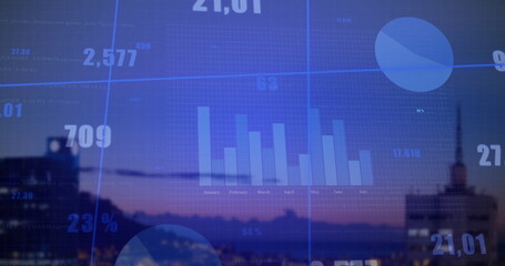 Showing overlay over urban shore at dusk, bar chart labels, pie segments, numbers, cyan grid