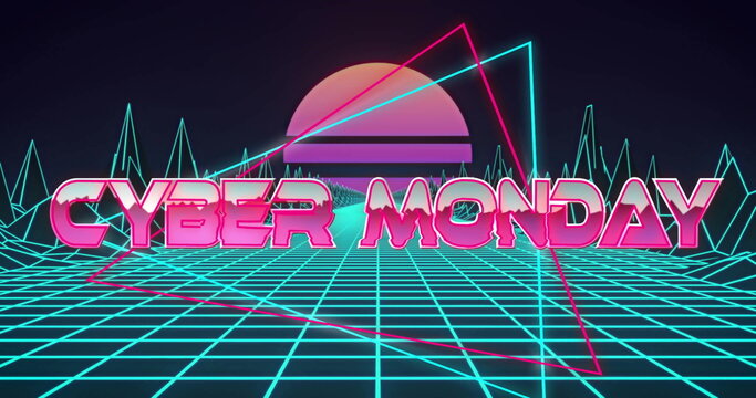 Hovering neon CYBER MONDAY sign in synthwave scene, with neon grid, wireframe peaks, sun, frame