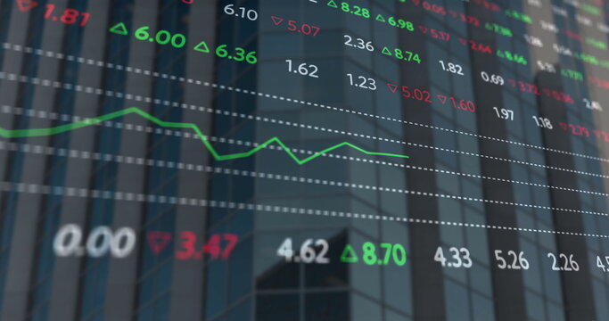 Displaying chart tracking stock changes over glass facade, with green trend line and numeric data