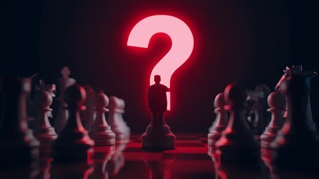 A solitary chess piece stands in the foreground, surrounded by others, with a large question mark looming behind, symbolizing uncertainty in strategy