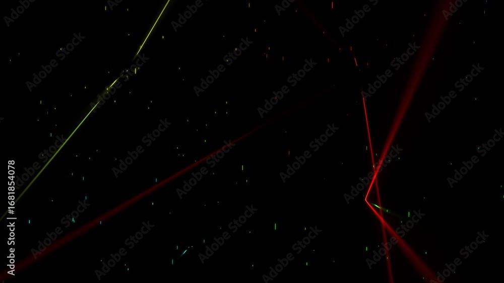 Poster glowing gradient rainbow light star particle trails with reflecting particles on a black background