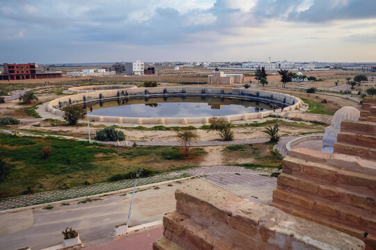 Large historical water reservoirs called Aghlabid basins in ancient Kairouan city, Tunisia