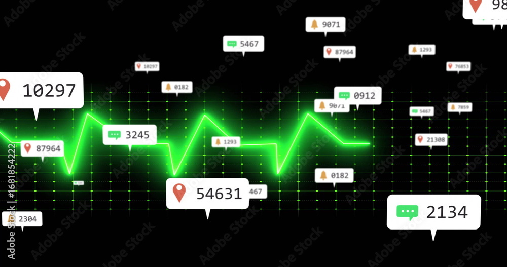 Poster displaying neon green line graph pulsating on dark grid, with floating map-pin, bell, chat callouts