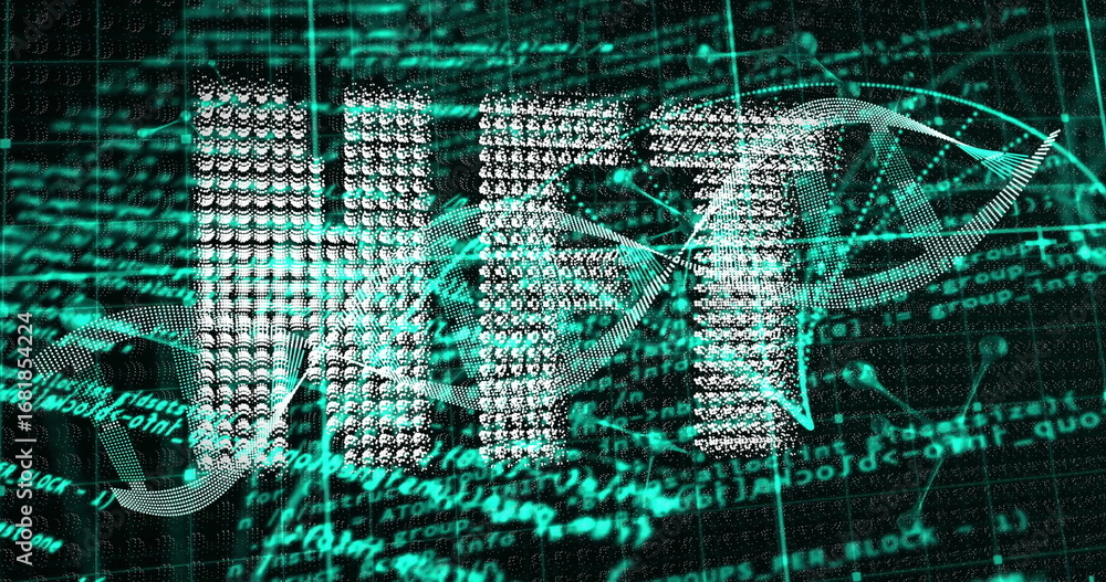 Poster displaying 3d dna helix entwining pixelated letters in cyberspace, with nodes and code streams