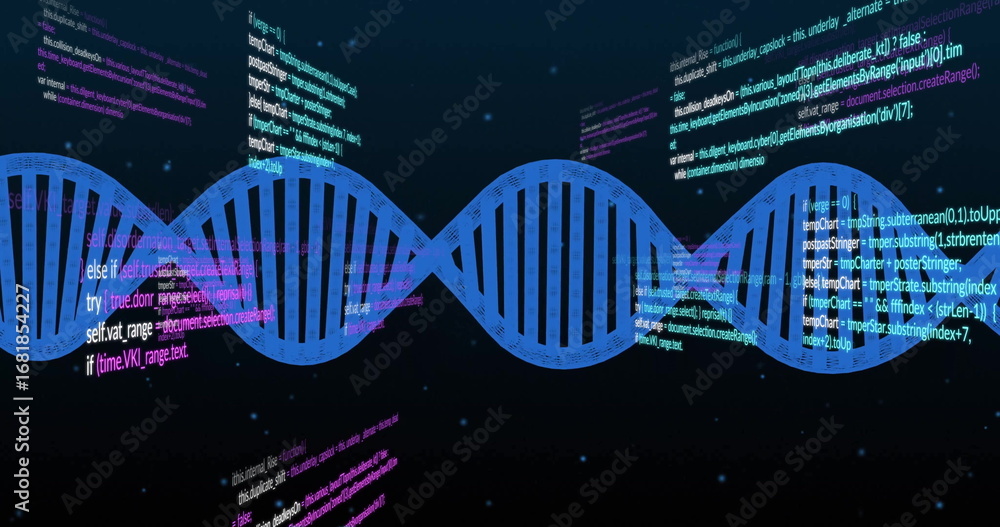 Aufkleber showing blue dna helix floating in abstract digital environment, with code snippets and particles