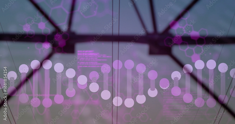 Aufkleber displaying dna helix glowing with nodes and code above transmission tower at dusk, molecular data