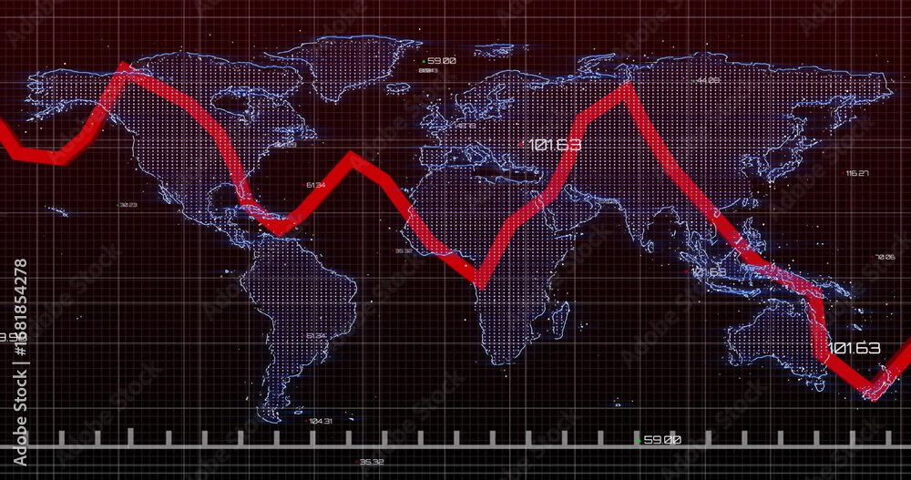 Aufkleber presenting dotted world map with red zigzag trend line on dark red grid, with numeric labels