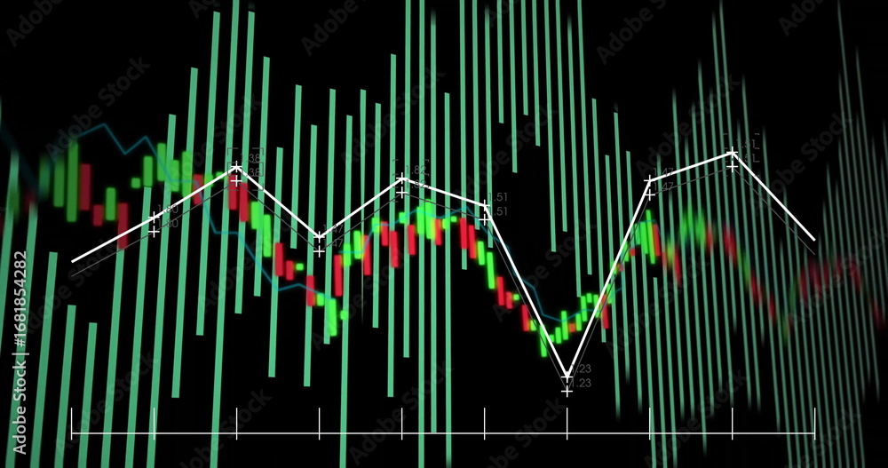 Aufkleber displaying dark-mode candlestick and histogram bars at trading platform, showing line graph markers