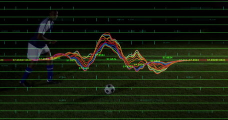 Soccer player in jersey sprinting on night pitch with ball and waveform grid overlays, copy space