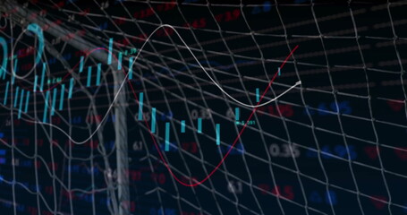 Wire net and pole stretching across studio, candlestick chart with moving average lines and values