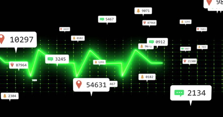 Displaying neon green line graph pulsating on dark grid, with floating map-pin, bell, chat callouts