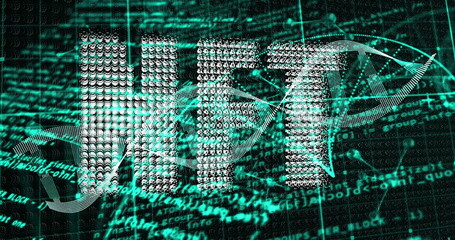 Displaying 3D DNA helix entwining pixelated letters in cyberspace, with nodes and code streams