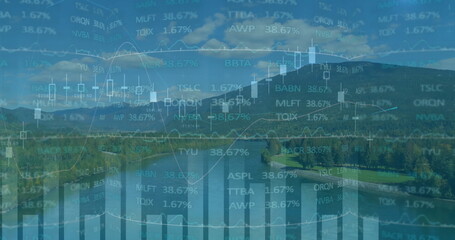 Projecting candlestick, bar and line graphs over lake, with floating stock symbols and percentages