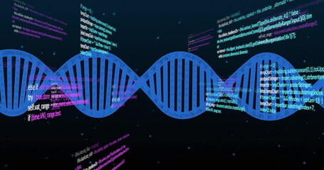 Showing blue DNA helix floating in abstract digital environment, with code snippets and particles