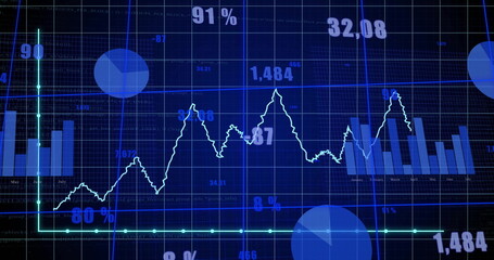 Glowing line graph running across grid dashboard showing bars, pie segments and numeric labels