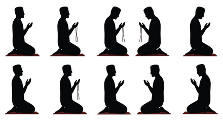 a series of black silhouettes of a person praying in different positions
