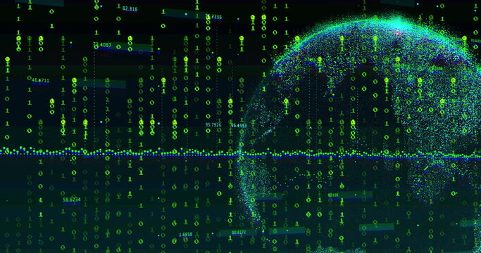 Emerging globe in code field, with binary digits, numeric overlays and light blue band, copy space