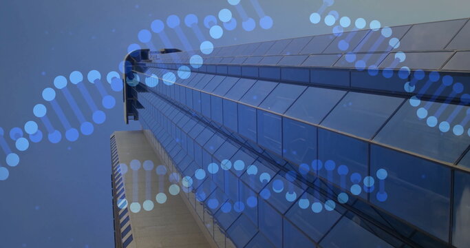 Soaring glass skyscraper rising skyward on city street, with DNA double helix overlay